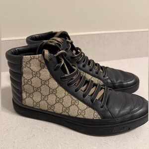 Auth Mens Gucci GG Canvas & Leather High Top Sneakers, Size 9, Made In Italy